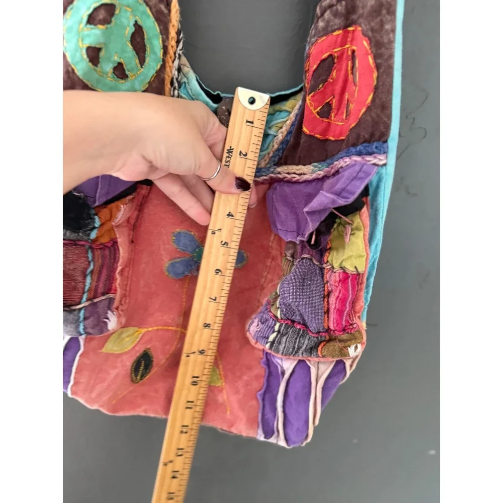Rising International Patchwork Peace Sign Boho Crossbody Bag Nepal Cotton Multi